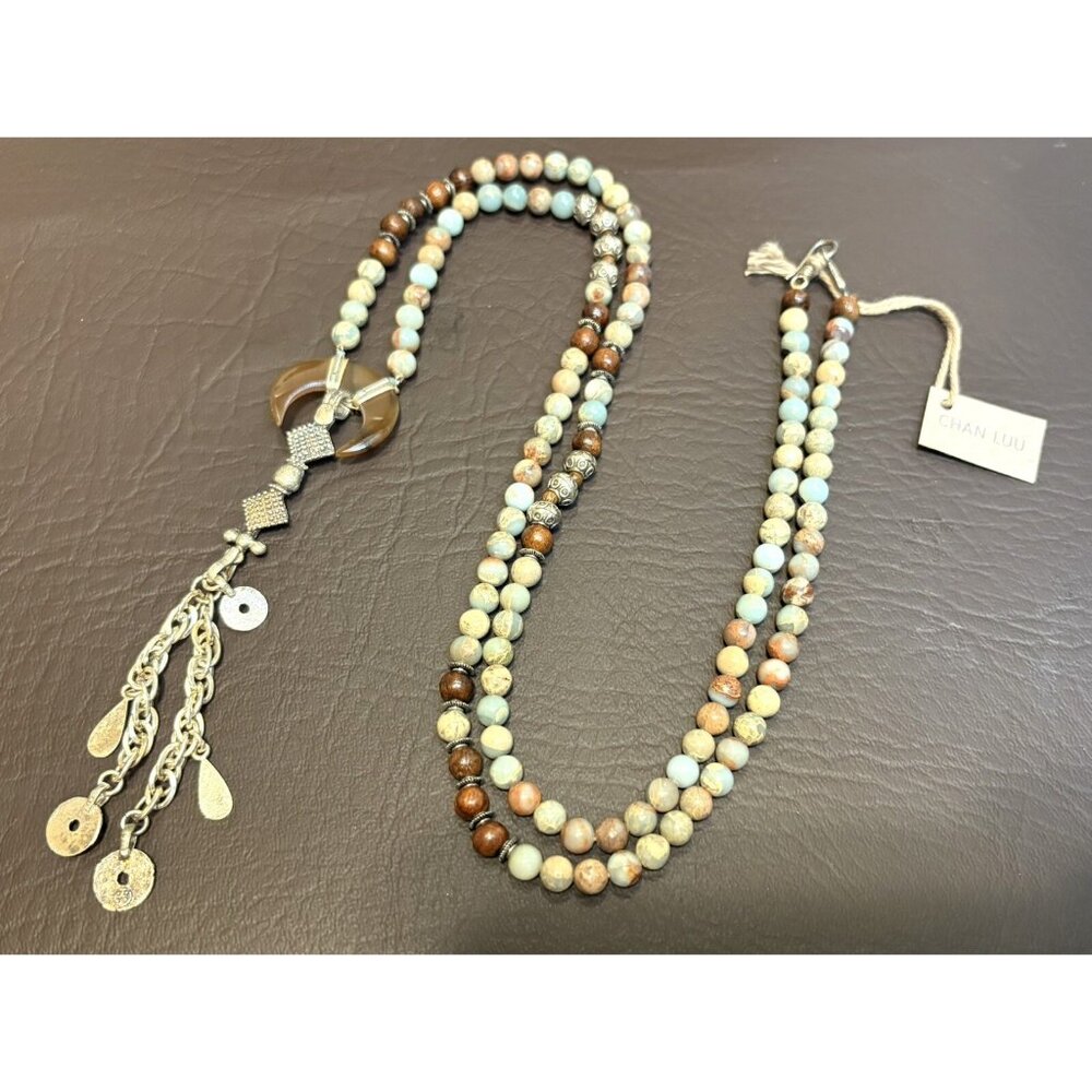 NEW $225 CHAN LUU Wood Agate Jasper Coin Tassel Crescent Drop Necklace ~Boho! 🌺